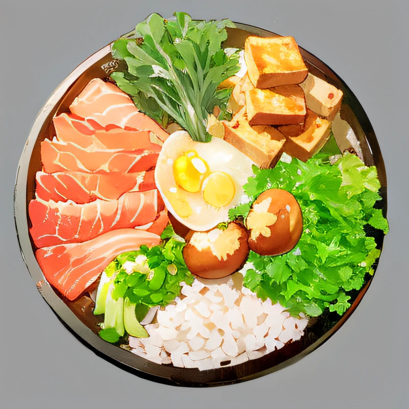 hand painted style，Estilo de Makoto Shinkai，Food illustration，anime food，down view。 There was a plate of food，Green onion。Includes fruits and vegetables, and eggs, Baked tofu, shiitake, Beef slices, Chamomile, Konjac silk,