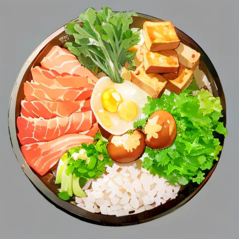 hand painted style，Estilo de Makoto Shinkai，Food illustration，anime food，down view。 There was a plate of food，Green onion。Includ...