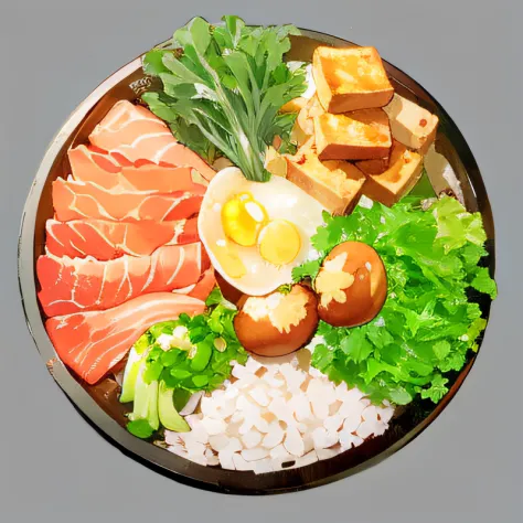 hand painted style，estilo de makoto shinkai，food illustration，anime food，down view。 there was a plate of food，green onion。includ...