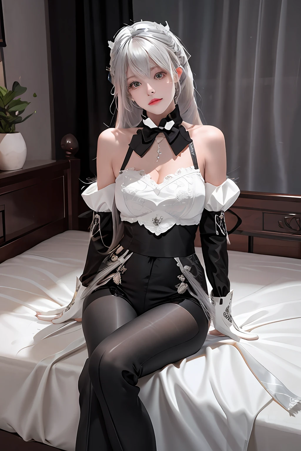 (((1 girl)),ray tracing,(dim lighting),[detailed background (bedroom)),((silver hair)),((silver hair)),(Fluffy silver hair, plump slender girl)) with high ponytail)))) Avoid blonde eyes in the ominous bedroom ((((Girl wears intricately embroidered black high-waisted pants with pantyhose) and white ruffled bow gloves), showing a delicate slim figure and graceful curves, correct limbs, sitting on the bed