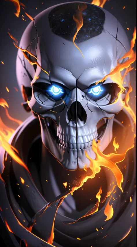 obra prima, melhor qualidade, art-station, 1 skull on fire, ultra realistic, black background, galaxy, infinite blue eyes, 8k, r...