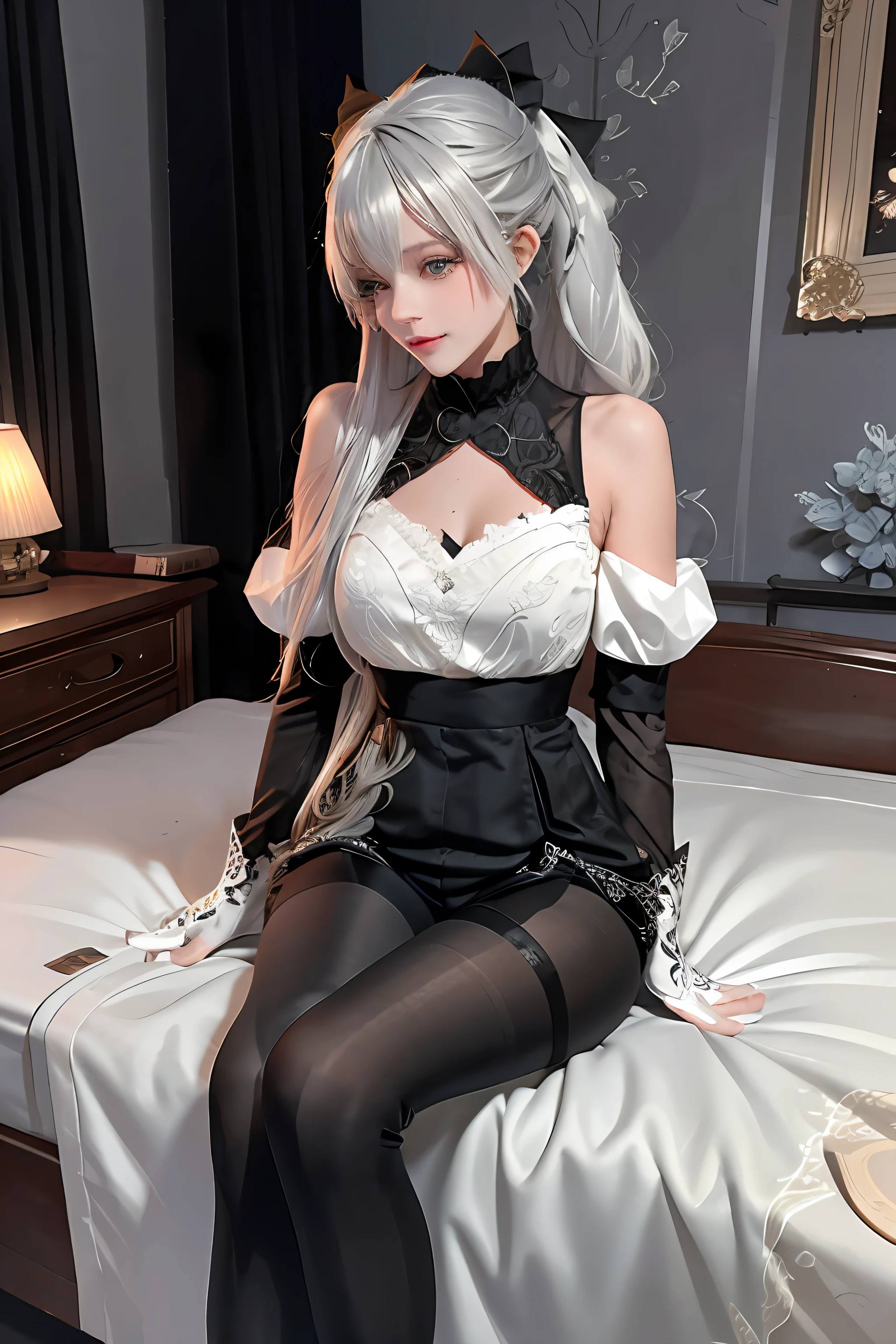 (((1 girl)),ray tracing,(dim lighting),[detailed background (bedroom)),((silver hair)),((silver hair)),(Fluffy silver hair, plump slender girl)) with high ponytail)))) Avoid blonde eyes in the ominous bedroom ((((Girl wears intricately embroidered black high-waisted pants with pantyhose) and white ruffled bow gloves), showing a delicate slim figure and graceful curves, correct limbs, sitting on the bed