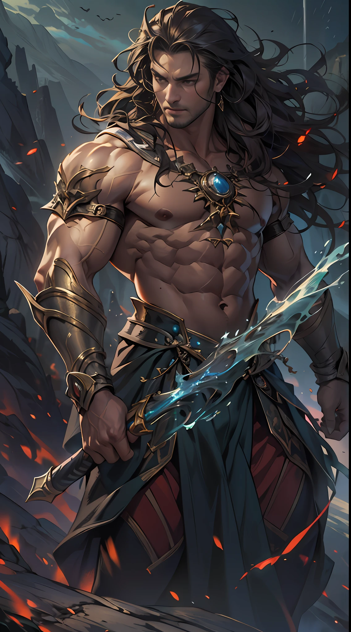 Powerful warrior, upper torso unveiled, lower body uncovered from thighs to feet, cascading long curls, meticulous muscle definition, lifelike depiction, 4K resolution. Background: Mythical fantasy landscape.,32k uhd, best quality, masterpiece, super detail, high details