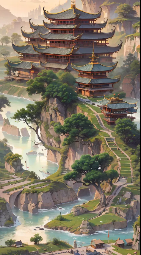 Rolling east of the Yangtze River，masterpiece, best quality, ultra-detailed, best shadow，8k，official art