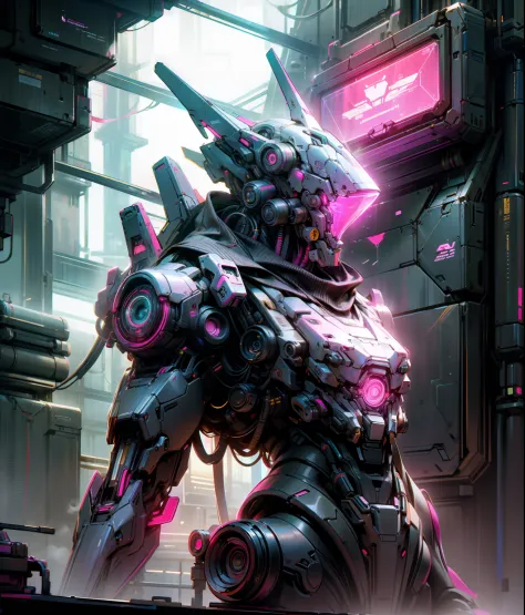 Mechanobiology，Pink mech，Up，opulent，Reflective，laser，Cyber fashion，droid，Cyberpunk AI，neon，eletric，neonlight，super detailing，rim...