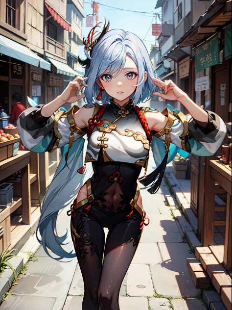 Shenhe \(Genshin_Impact\), gracefully strolling through a picturesque Chinese ancient town, striking a dynamic pose." (masterpie...