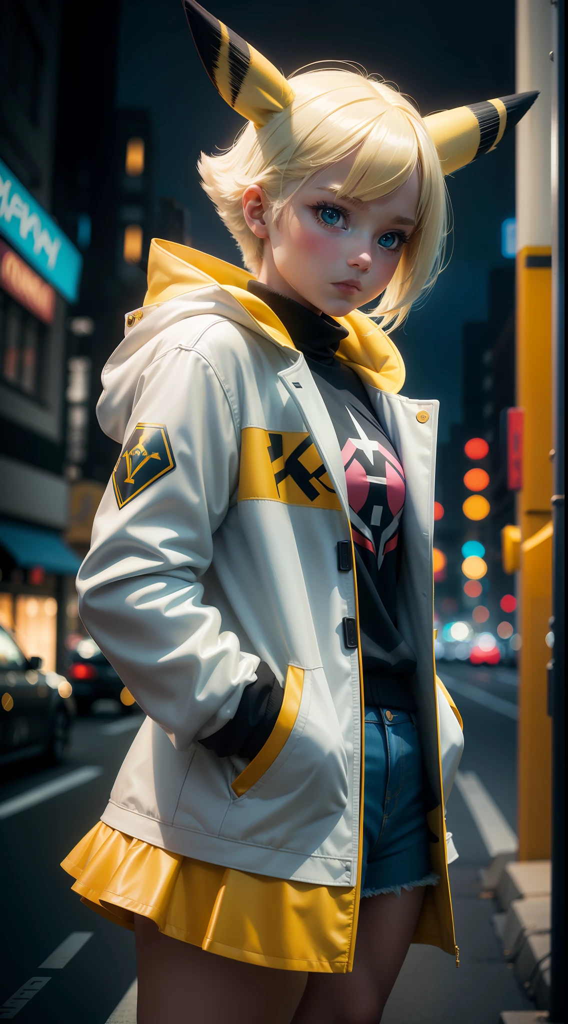 Pokémon, Pikachu coat，surrealism, Realism, Cinematic lighting, Fuji Film, Sony FE, Sony FE GM, hyper HD, Masterpiece, High quality, A high resolution, Super detail，Pikachu, A teenage girl, white skinned, hands in a pocket，sexy for, jaqueta de couro, short denim skirt, Blonde hair, Gradient hair, aqua eyes