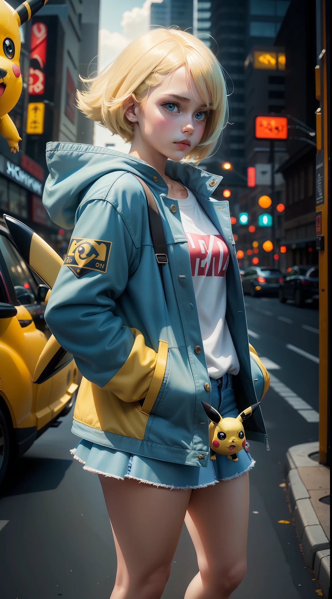 Pokémon, Pikachu coat，surrealism, Realism, Cinematic lighting, Fuji Film, Sony FE, Sony FE GM, hyper HD, Masterpiece, High quality, A high resolution, Super detail，Pikachu, A teenage girl, white skinned, hands in a pocket，sexy for, jaqueta de couro, short denim skirt, Blonde hair, Gradient hair, aqua eyes