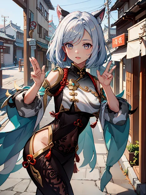 Shenhe \(Genshin_Impact\), gracefully strolling through a picturesque Chinese ancient town, striking a dynamic pose." (masterpie...