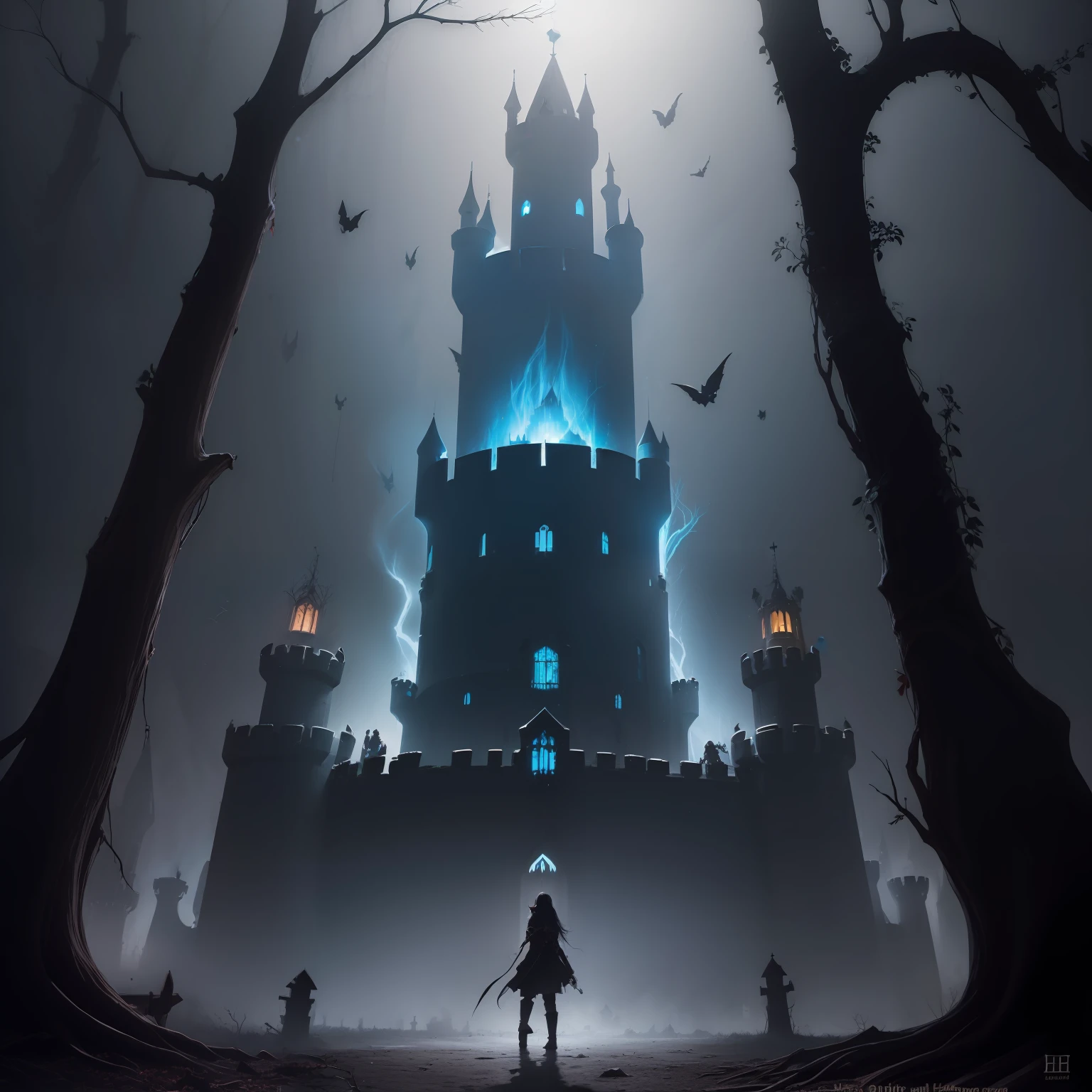 (1 dunkles Schloss::1.5) , (tote Köpfe hängen von Ästen:1.3), Altes lebendes Schloss aus der Hölle, dunkle Fantasie, Anime-Version, Manga-Filme, Anime Erstlingswerk , Anime 2D
