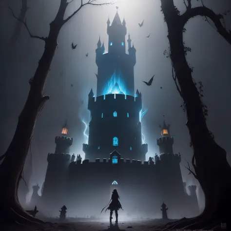 (1 dark castle::1.5) , (dead heads hanging from branches:1.3), Castelo vivo antigo do inferno, fantasia sombria, anime version, ...