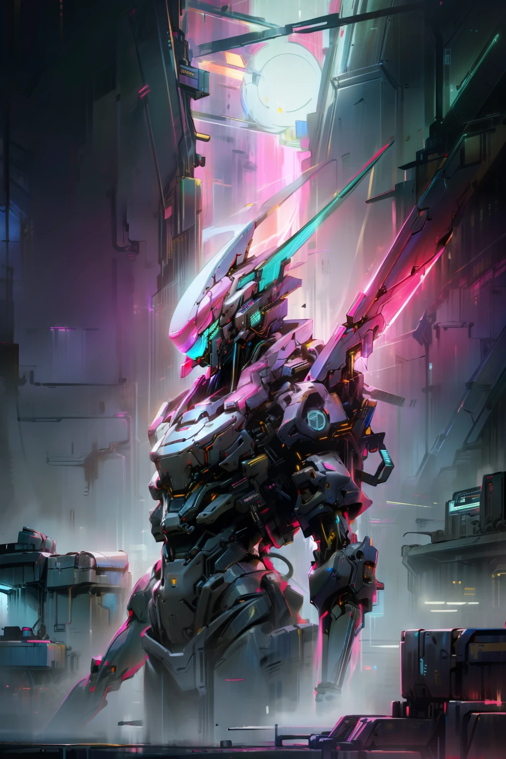 Mechanobiology，Pink mech，Up，opulent，Reflective，laser，Cyber fashion，droid，Cyberpunk AI，neon，eletric，neonlight，super detailing，rim-light ，full bodyesbian，Demon Killer，cruel，best qualtiy，The is very detailed，8K，Ultra-high resolution，