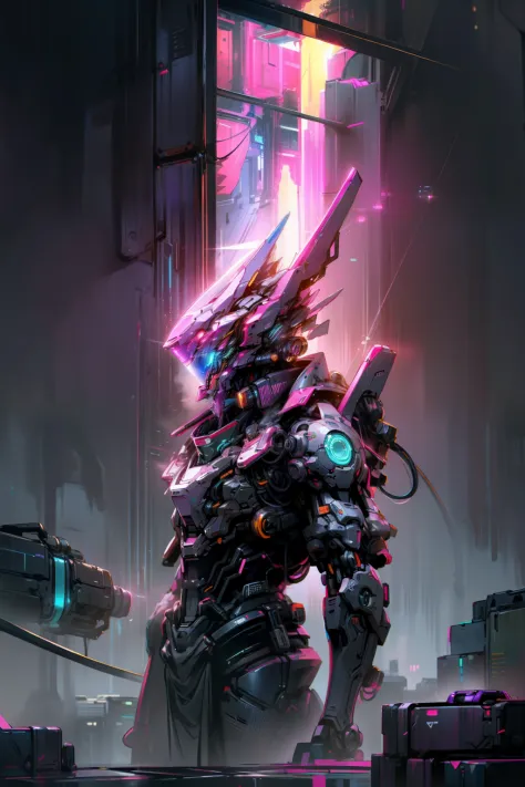 Mechanobiology，Pink mech，Up，opulent，Reflective，laser，Cyber fashion，droid，Cyberpunk AI，neon，eletric，neonlight，super detailing，rim...