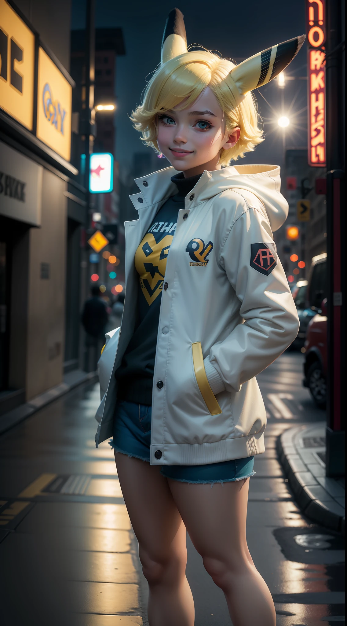 Pokémon, Pikachu coat，surrealism, Realism, Cinematic lighting, Fuji Film, Sony FE, Sony FE GM, hyper HD, Masterpiece, High quality, A high resolution, Super detail，Pikachu, A teenage girl, white skinned, hands in a pocket，sexy for, Smiling，jaqueta de couro, short denim skirt, Blonde hair, Gradient hair, aqua eyes