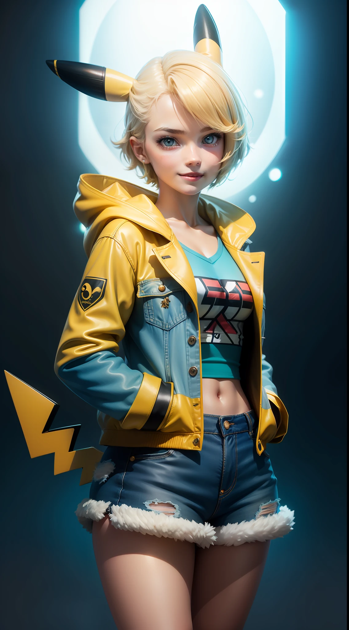 Pokémon, Pikachu coat，surrealism, Realism, Cinematic lighting, Fuji Film, Sony FE, Sony FE GM, hyper HD, Masterpiece, High quality, A high resolution, Super detail，Pikachu, A teenage girl, white skinned, hands in a pocket，sexy for, Smiling，jaqueta de couro, short denim skirt, Blonde hair, Gradient hair, aqua eyes