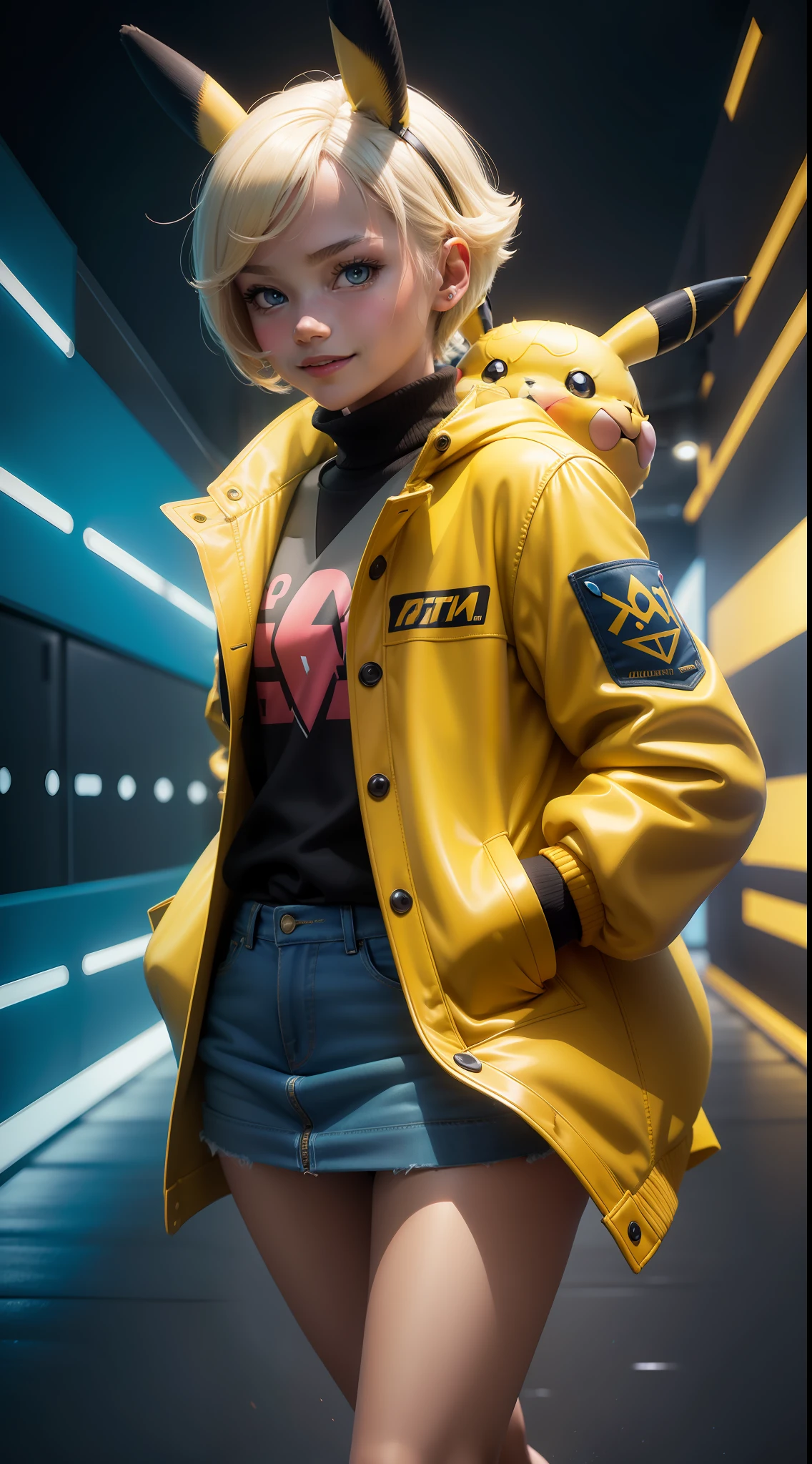 Pokémon, Pikachu coat，surrealism, Realism, Cinematic lighting, Fuji Film, Sony FE, Sony FE GM, hyper HD, Masterpiece, High quality, A high resolution, Super detail，Pikachu, A teenage girl, white skinned, hands in a pocket，sexy for, Smiling，jaqueta de couro, short denim skirt, Blonde hair, Gradient hair, aqua eyes