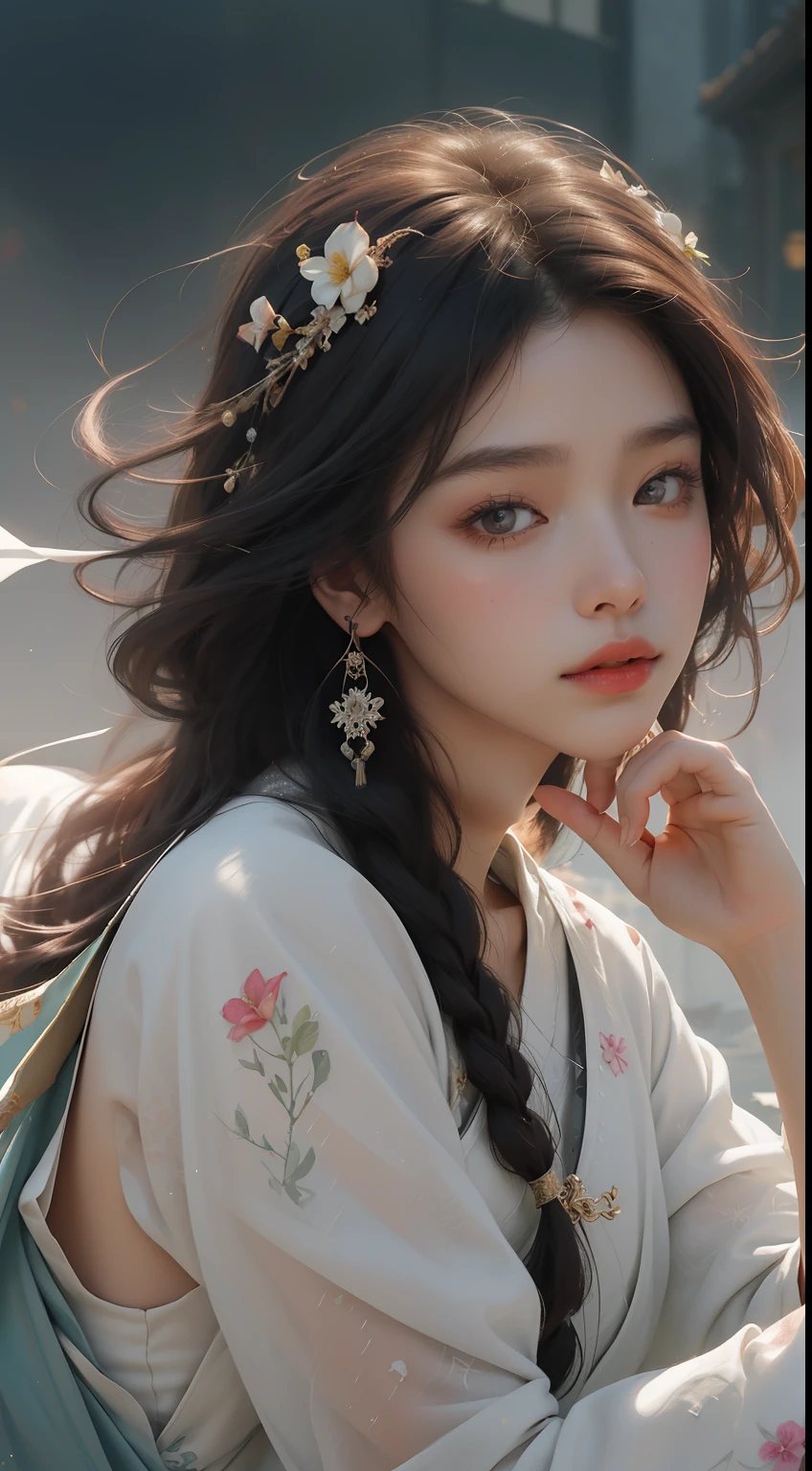 Super high quality, masterpiece, perfect illustration, extreme detail (exquisite light and shadow, highly dramatic picture,) Zhongfenghua, 1 girl, solo, hanfu, flower field, flowers, (white smoke: 1.3) (realistic:1.4), zen entanglement, red, black and white Hanfu, tangled, official art, Unity 8k wallpaper, super detailed, beautiful and beautiful, masterpiece, best quality, (dynamic angle: 1.4), glowing skin, (floating colorful glitter: 1) the most beautiful chaotic form, elegant, brutalist design, Bright colors, romantic depth of field exotic_dance, half_naked