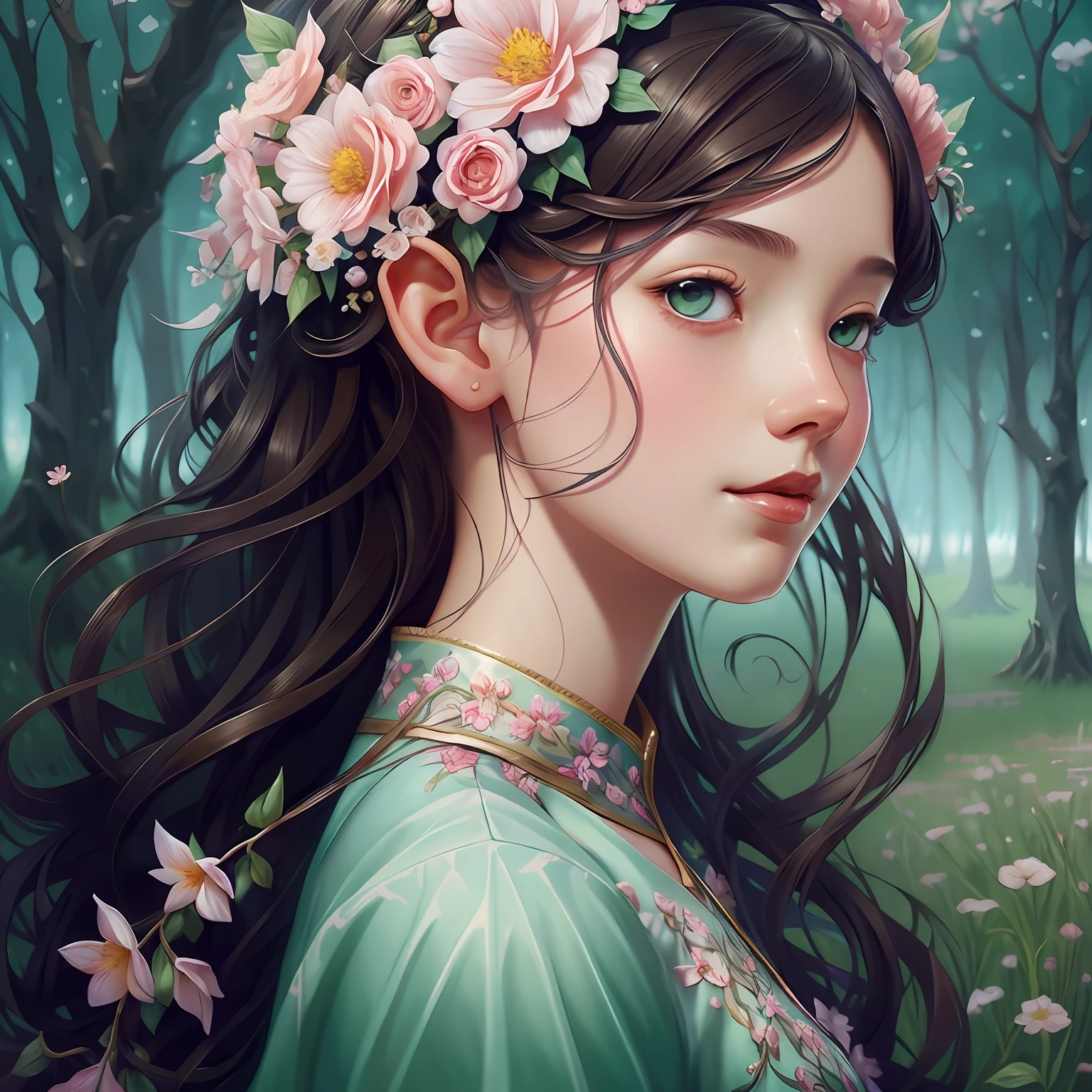 There is a digital painting，A girl with flowers in her hair, Deviantart ArtStation CGSCOSIETY, digital fantasy art ), Fantasy art Behance, hyperrealistic fantasy art, Beautiful digital artwork, Elf Girl, Realistic fantasy illustration, detailed fantasy digital art, flod, digital fantasy art, Beautiful digital illustration, Realistic fantasy artwork, stunning digital illustration