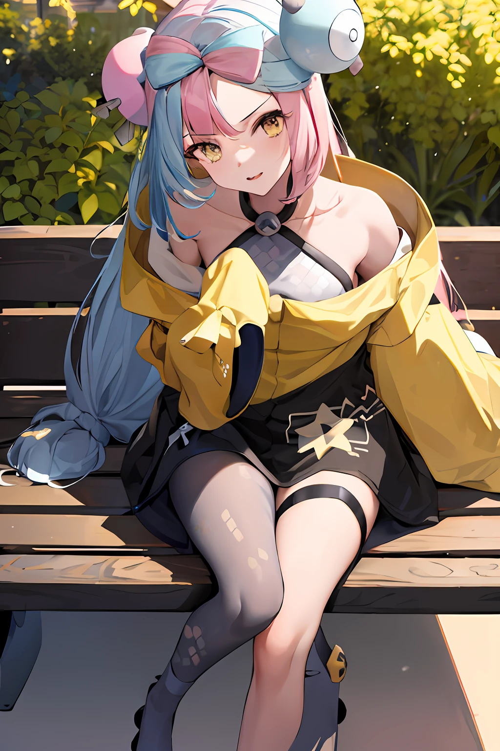 masterpiece, best quality, highres, iono1, 1girl, long hair,  yellow jacket, off shoulder,  hair ornament, bench, sitting,