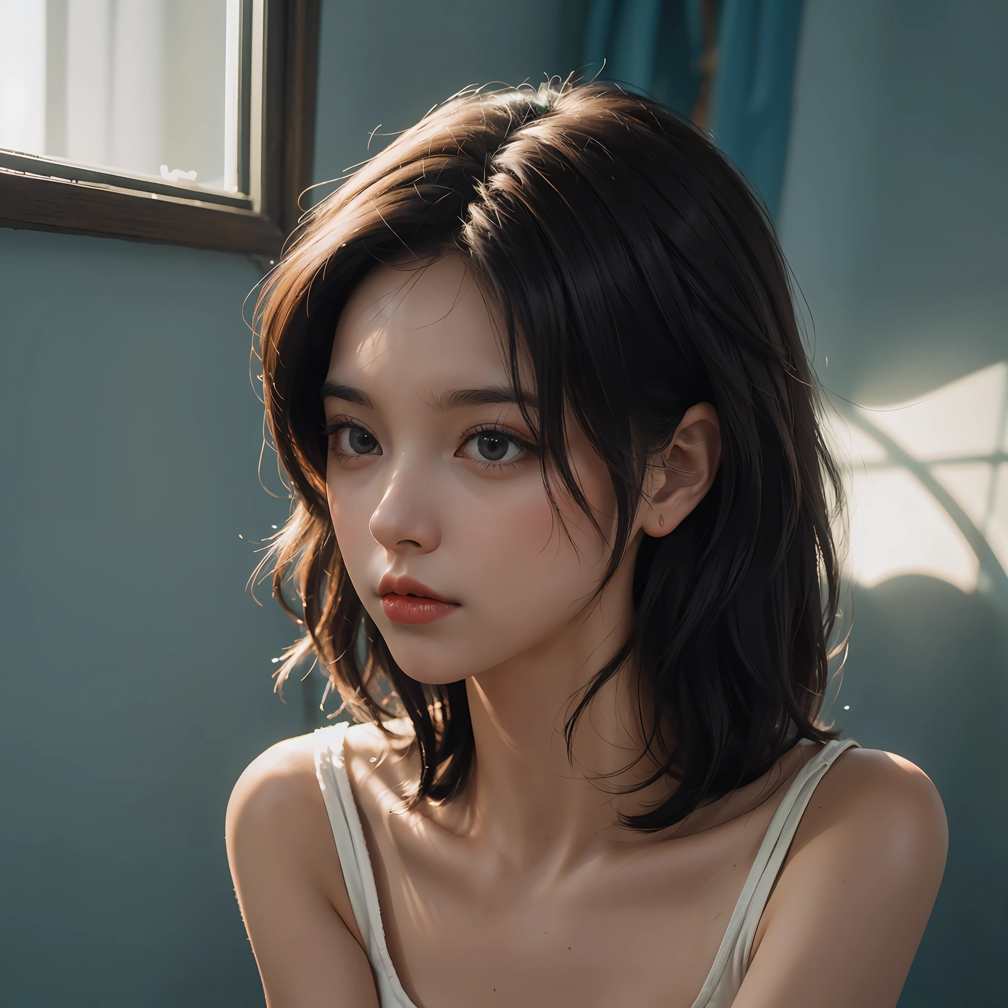 (Angle Dynamic, RAW photos of the national treasure, photorealism: 1.3, High quality detailed CG 8k wallpapers, Under miniskirt: 0.4, short hair, film lighting, Lens flare)