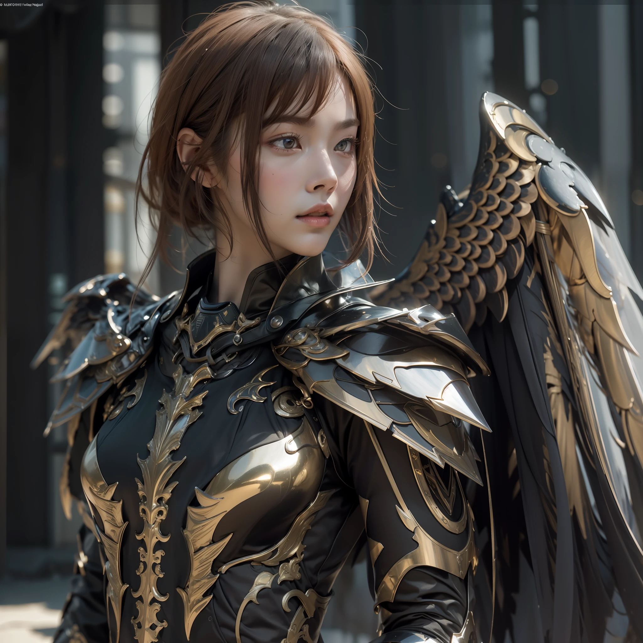 1girl，A dark angel warrior，(((There is a pair of large black half-body wings on the back)))，Black titanium，Metallic wings，（（Metal wings）），（（Black gold metal armor）），high detal，（beautifulface），Perfect facial features，red tinted hair，Black and gold greatsword，Futuristic tech background，apathy、Aloof、On the high horse，atmospurate、Macro，Realistis，HDR（HighDynamicRange）、Ray traching、NVIDIA RTX、Hyper-Resolution、illusory 5、sub surface scattering、post-proces、Anisotropy Filtering、depth of fields、maximum definition and sharpness，Surface shading、Accurately simulate light-material interactions、perfectly proportions、Octane Render、largeaperture、Low ISO、White balance、the rule of thirds、8K RAW、lightand shade contrast