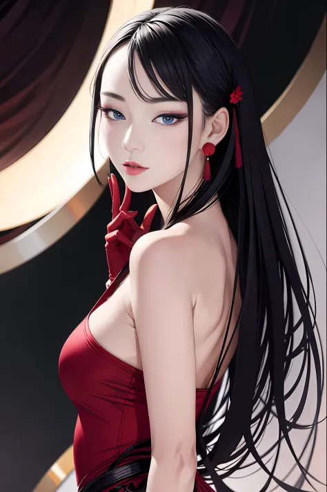 tsuruta ichiro, Narrow-eyed, 1girl in, Allback、shorth hair、brow、Reluctance、A dark-haired、Tucked Hair Solo, Cowgirl, Red dress,  ((mideum breasts)),  Thin slit eyes、blue grey eyes, Random colored hair, gloves, Dress,  Jewelry, earrings, sharp eye、Red Glove,...