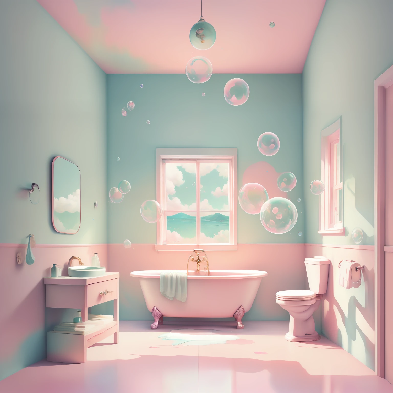rz88p4stl, A (bAthroom), bokeh, bubbles floAting ,  dArk clouds over over left the pAinting pAinted by jAmes gurney, Airbrush Art book, intricAtely detAiled, psychedelisch, contrAst, Kantenbeleuchtung, Art by JovAnA Tiri, Eric FAlkiewicz, HilmA Af Klint, And HilmA Af Klint, in the style of George CAlebignetk, Blende f