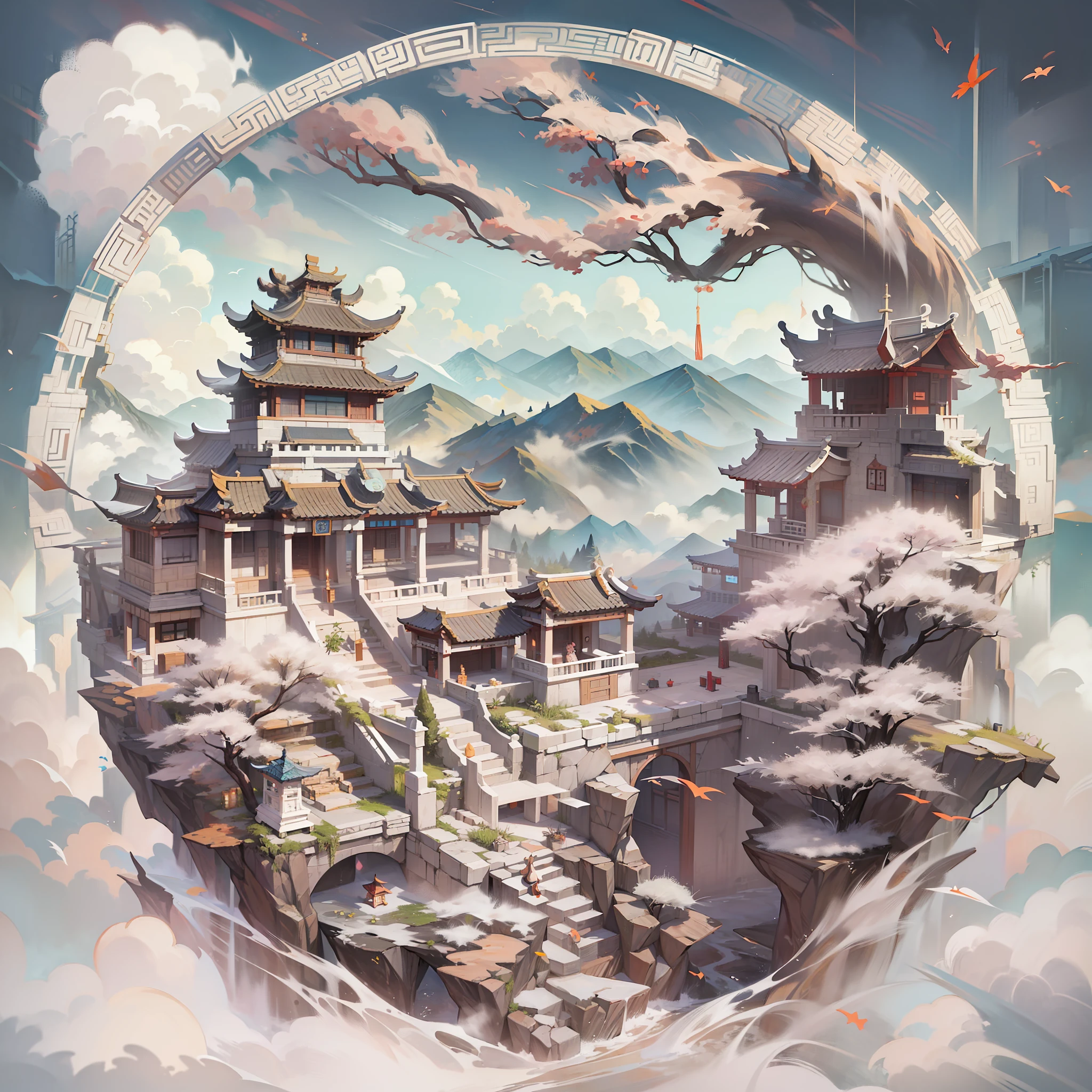 Baiyun es una fusión de varios edificios antiguos.、Enormes nubes blancas、、Arquitectura china antigua blanca、Montañas Blancas，Camino de la montaña blanca、Stepagnifica piedra blanca、gran obra de arte、Fantasía、mito、Mono Color、arma,escote,(Círculo Mágico:1.1),xiuxian