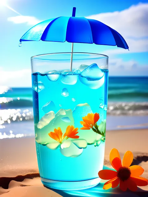 high detal，A glass filled with a blue drink，ice cubes，airbubble，The sea and the beach，beach umbrella，outline light，There is a beautiful sky，There are plants，Orange flowers