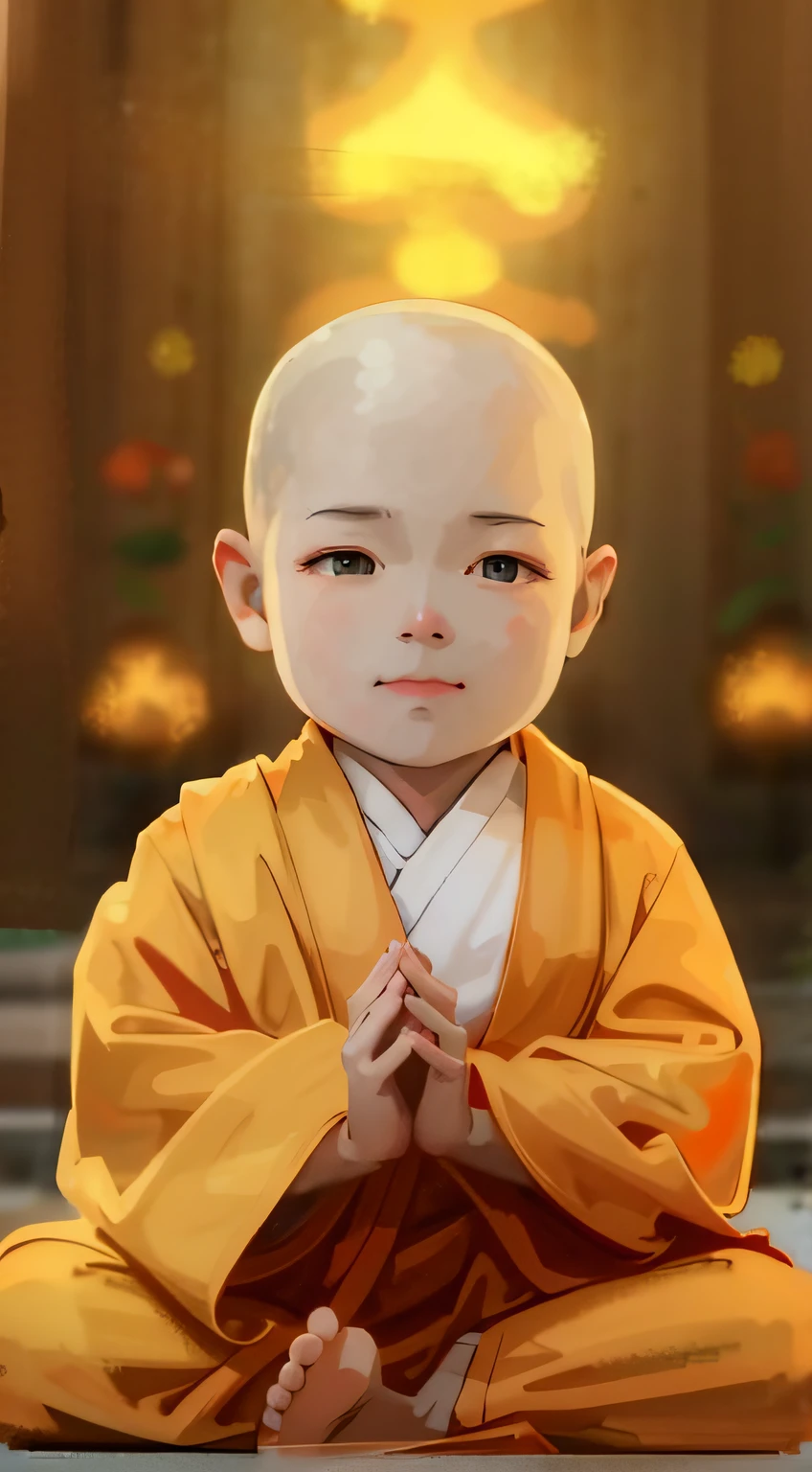 Close-up of a child sitting on the ground in a 僧's costume, 僧 clothes, 他热情地欢迎你, 黄色长袍, 黄色长袍, 用黄色的布, buddhist 僧, 祝福之手, 穿着简单的长袍, 佛教徒, 僧, ancient japanese 僧, 可爱的数字绘画, 僧 meditation, 阮嘉美丽!, 严, 僧, 阿凡达阿凡达