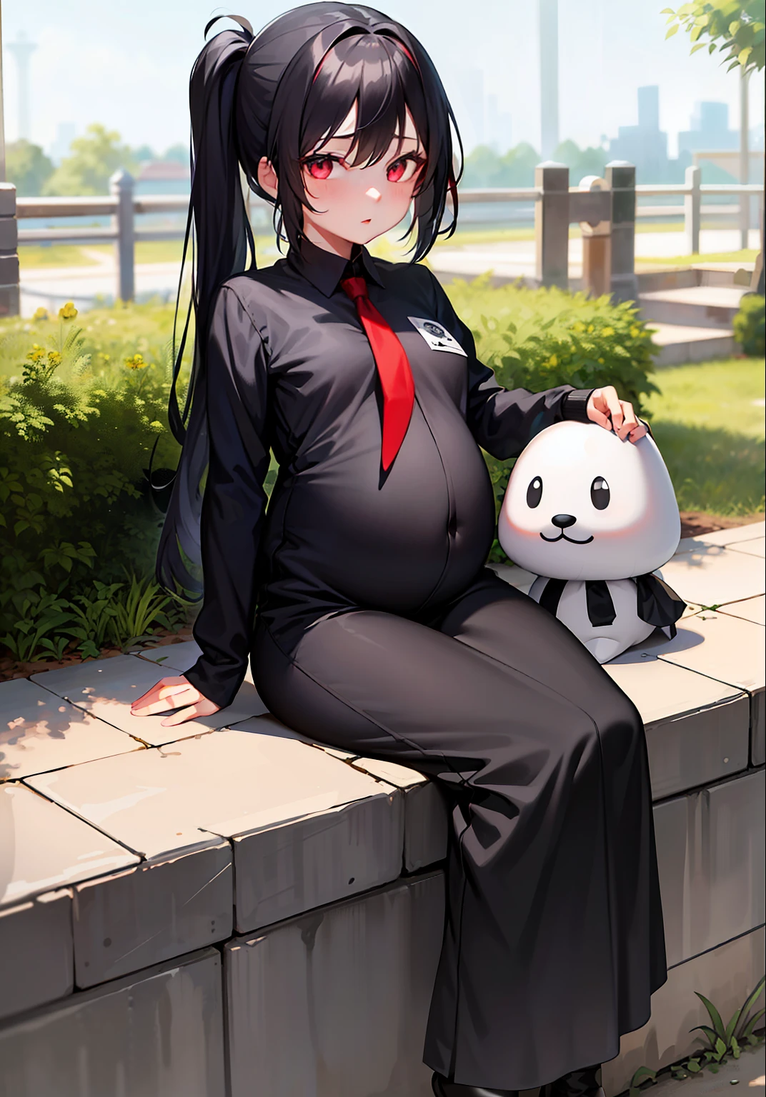 Anime girl sitting on a ledge with a panda bear - SeaArt AI