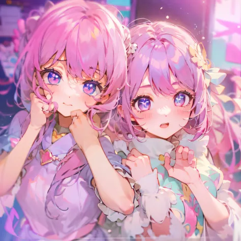 anime characters with pink hair and blue eyes are posing for a picture, ddlc, two beautiful anime girls, shirabii, anime girls, ...