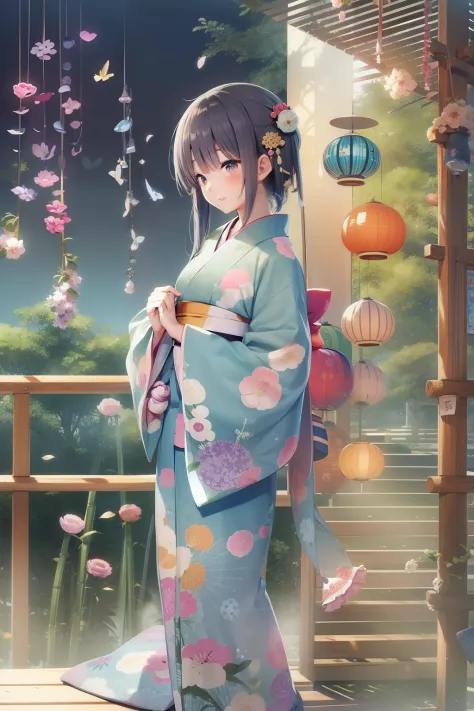 Japan Anime、Tanabata、Girls in yukata、Attach a strip of bamboo、veranda、