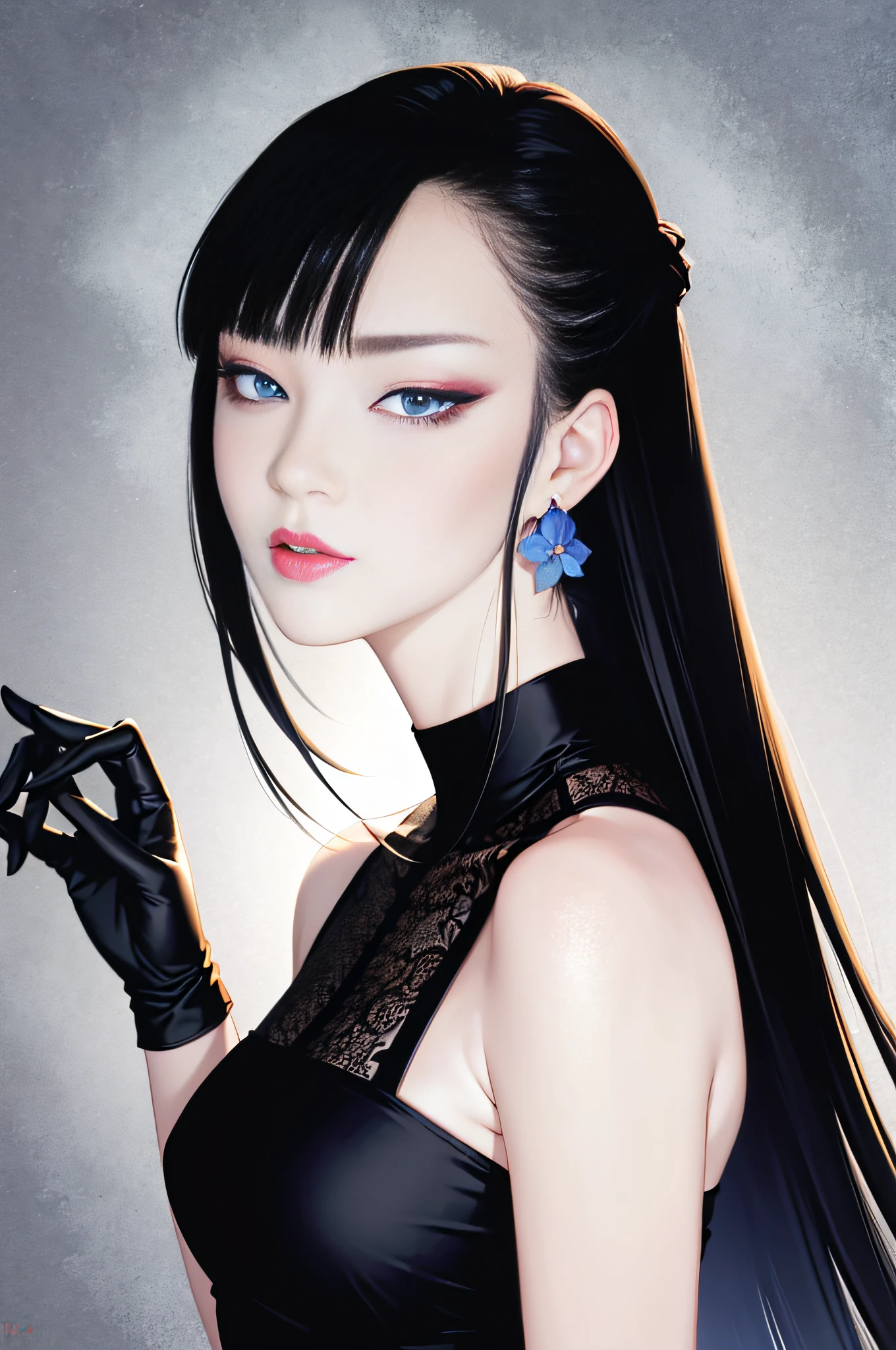 tsuruta ichiro, Narrow-eyed, 1girl in, Allback、shorth hair、brow、Reluctance、A dark-haired、Tucked Hair Solo, Cowgirl, Onepiece,  ((mideum breasts)),  Thin slit eyes、blue grey eyes, Black hair, gloves, Dress,  Luxurious Jewelry, earrings, sharp eye、 elbow groves,Raise your hands and tie your hair back, random color, random color dress,  Makeup for long eyes, Slender eyes、lip stick, Complex petal pattern, Rim Light, Back Light, pastel color,