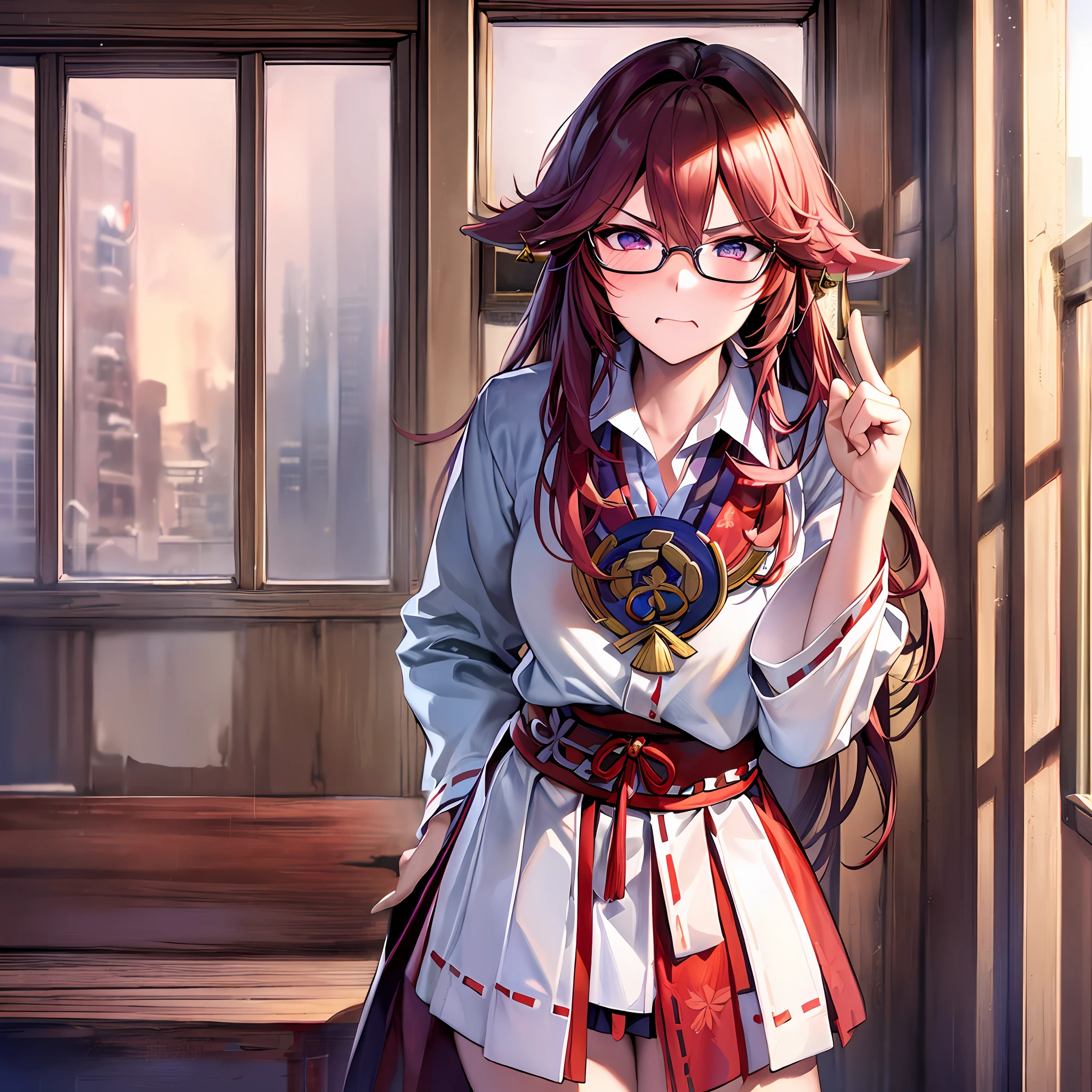 Anime girl with red hair and glasses standing in front of a window（yae miko)  - SeaArt AI