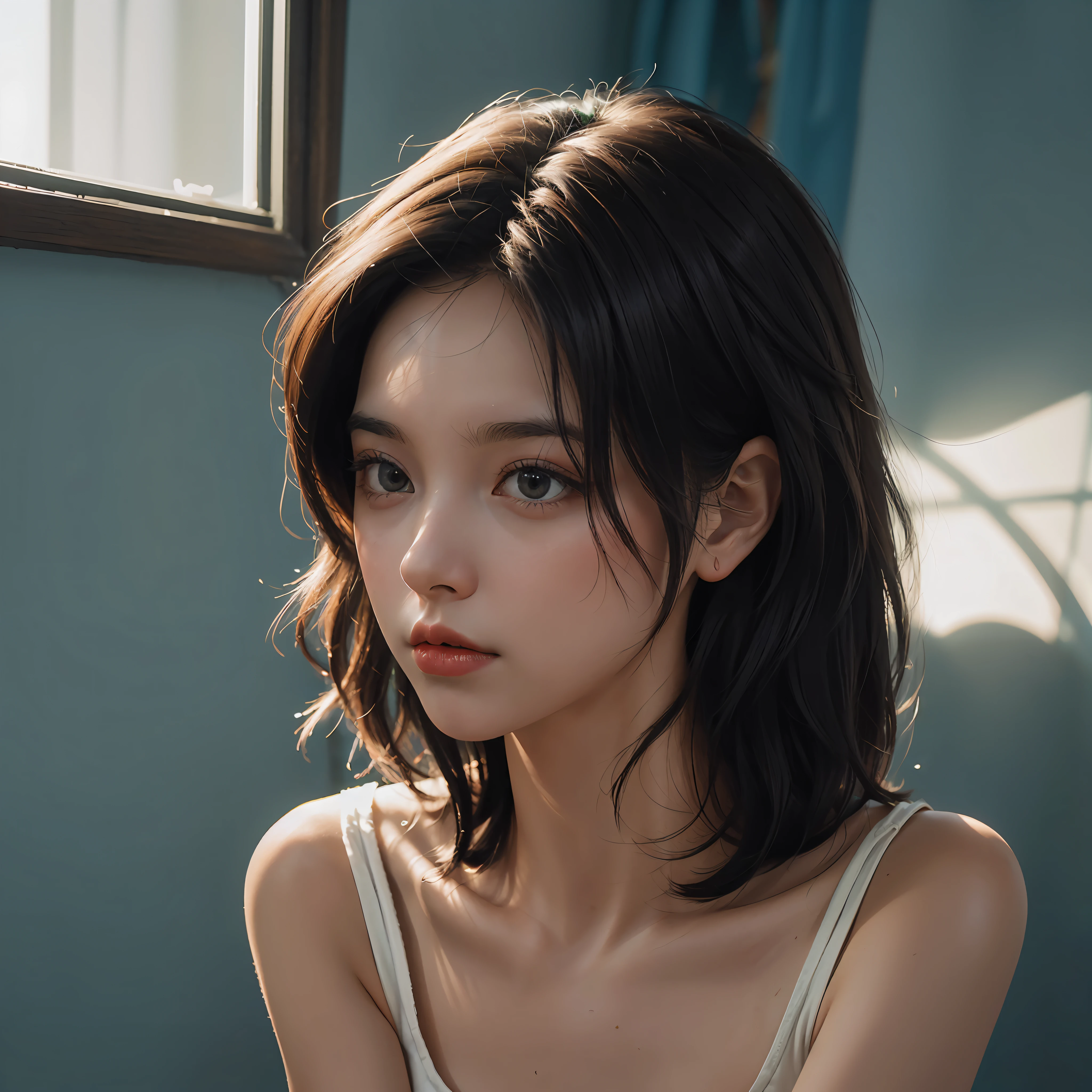 (Angle Dynamic, RAW photos of the national treasure, Photorealism: 1.3, High quality detailed CG 8k wallpapers, Under miniskirt: 0.4, short hair, film lighting, Lens flare)