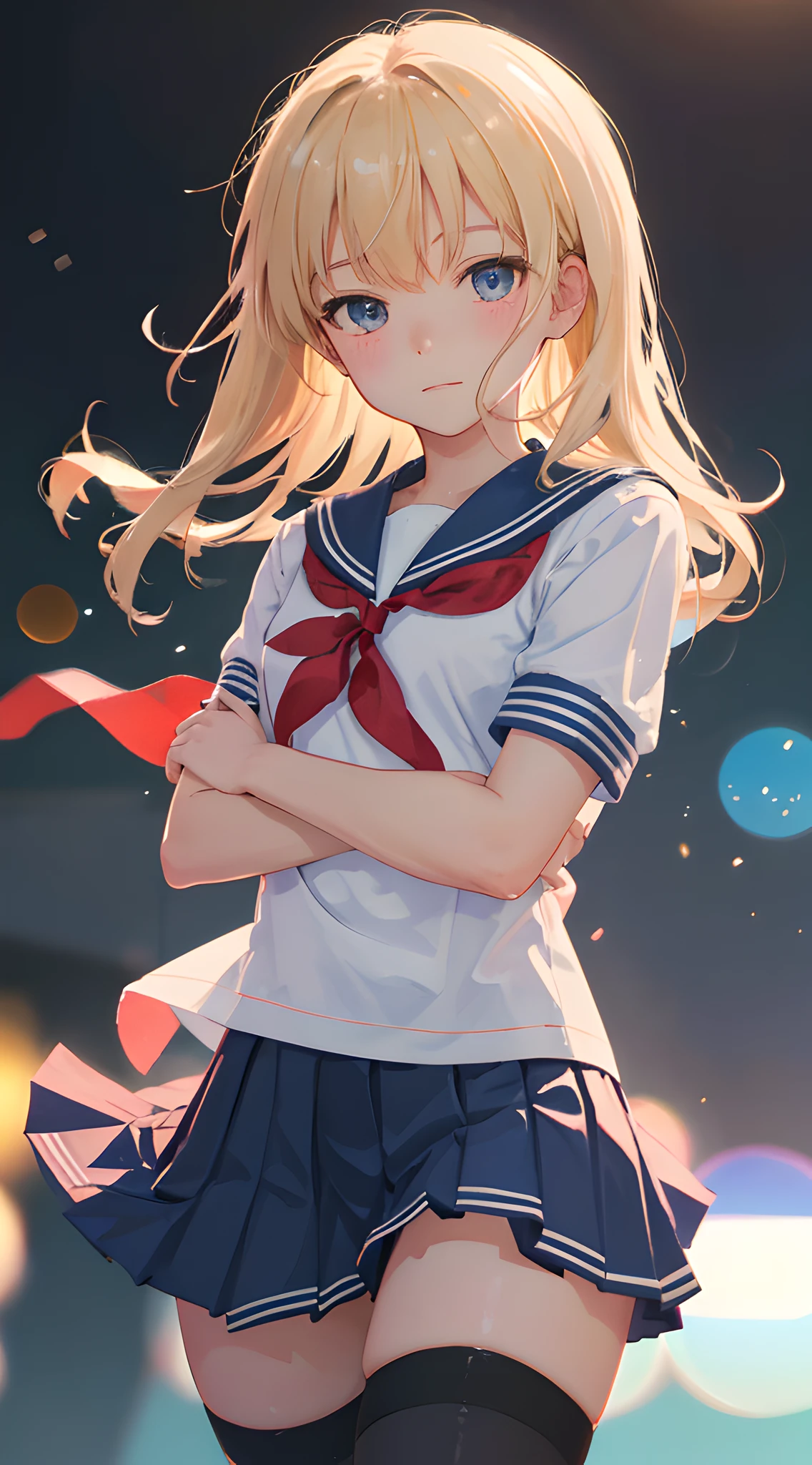 (masterpiece, best quality:1.2), 8k, official art, raw photo, absurdres, thin line, (sailor uniform, serafuku, upper body, thigh high socks, thighs:1.4), from below, beautiful girl, pretty face, school uniform, short sleeve, arch back, (navy pleated skirt:1.2), close up, teen, street, looking at viewer, film grain, chromatic aberration, sharp focus, facelight, dynamic lighting, cinematic lighting, detailed eyes and face, (bokeh background:1.3), black thigh high socks