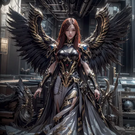 1girll，dark angel warrior，(((on the back there is a pair of large black half-body wings)))，black titanium，metal wings，（（metal wi...