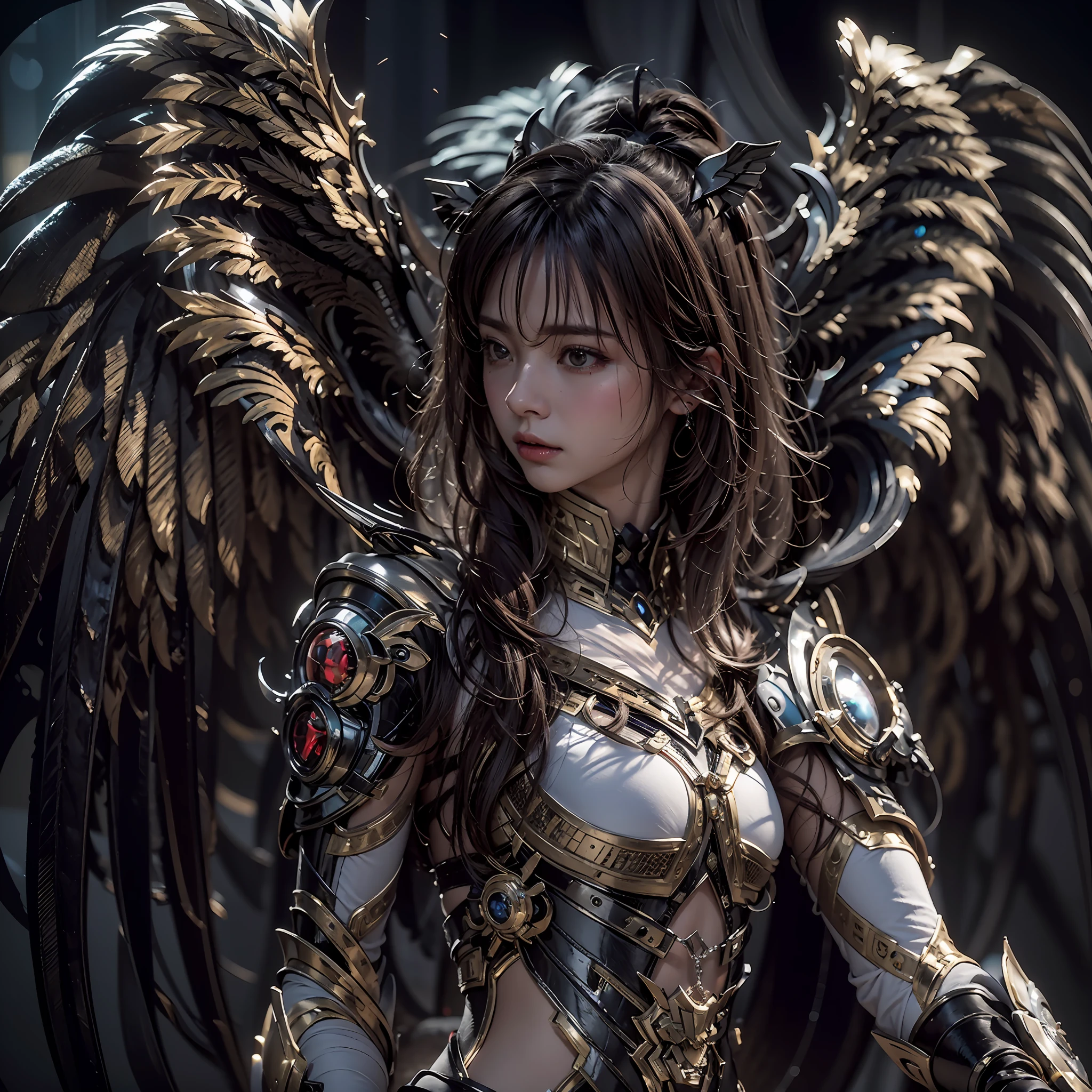 1girll，Dark Angel Warrior，(((On the back there is a pair of large black half-body wings)))，Black titanium，metal wingetal wings）），（（Black gold metal armor）），high detal，（beautifulface），Perfect facial features，red tinted hair，Black and gold greatsword，Futuristic technical background，apathy、Aloof、On the high horse，atmospurate、macro，Realistis，hdr（HighDynamicRange）、Ray traching、NVIDIA RTX、Hyper-Resolution、illusory 5、sub surface scattering、post-proces、Anisotropy Filtering、depth of fieldaximum definition and sharpness，Surface Coloring、Accurately simulate light-material interactions、perfectly proportions、rendering by octane、largeaperture、Low ISO、White balance、the rule of thirds、8K raw data、lightand shade contrast