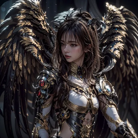 1girll，dark angel warrior，(((on the back there is a pair of large black half-body wings)))，black titanium，metal wings，（（metal wi...