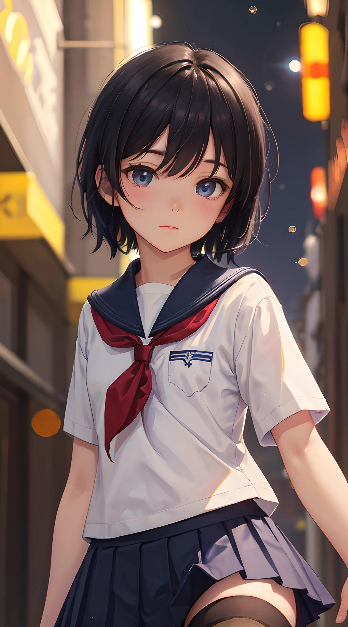 (masterpiece, best quality:1.2), 8k, official art, raw photo, absurdres, thin line, (school uniform, upper body, thigh high socks:1.4), thighs, from below, beautiful girl, close up face, pretty face, short sleeve, arch back, (navy pleated skirt:1.2), teen, street, looking at viewer, film grain, chromatic aberration, sharp focus, night, facelight, dynamic lighting, cinematic lighting, (extreme detailed, ultra detailed, finely detail:0.8), detailed eyes and face, (bokeh background:1.3), black hair, black thigh high socks