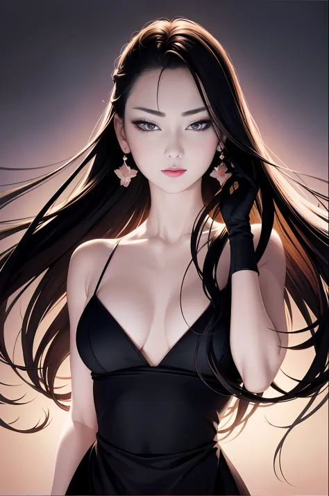 tsuruta ichiro, Narrow-eyed, 1girl in, Allback、shorth hair、brow、Reluctance、A dark-haired、Tucked Hair Solo, Cowgirl, Onepiece,  ((mideum breasts)),  Thin slit eyes、Black eyes, Light shines on the eyes、Black hair, gloves, Dress,  Luxurious Jewelry, earrings,...