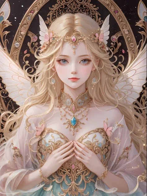 Holy Light Butterfly Angel Girl，Butterfly wings，Chest shooting(mcu)，in the style of rococo pastel hues，light white and light red，Incredibly beautiful，SakuraNS，sparkling water reflections，combine，Flowing，hyper realisitc，painting of a，aethereal，Elsa Burda，st...