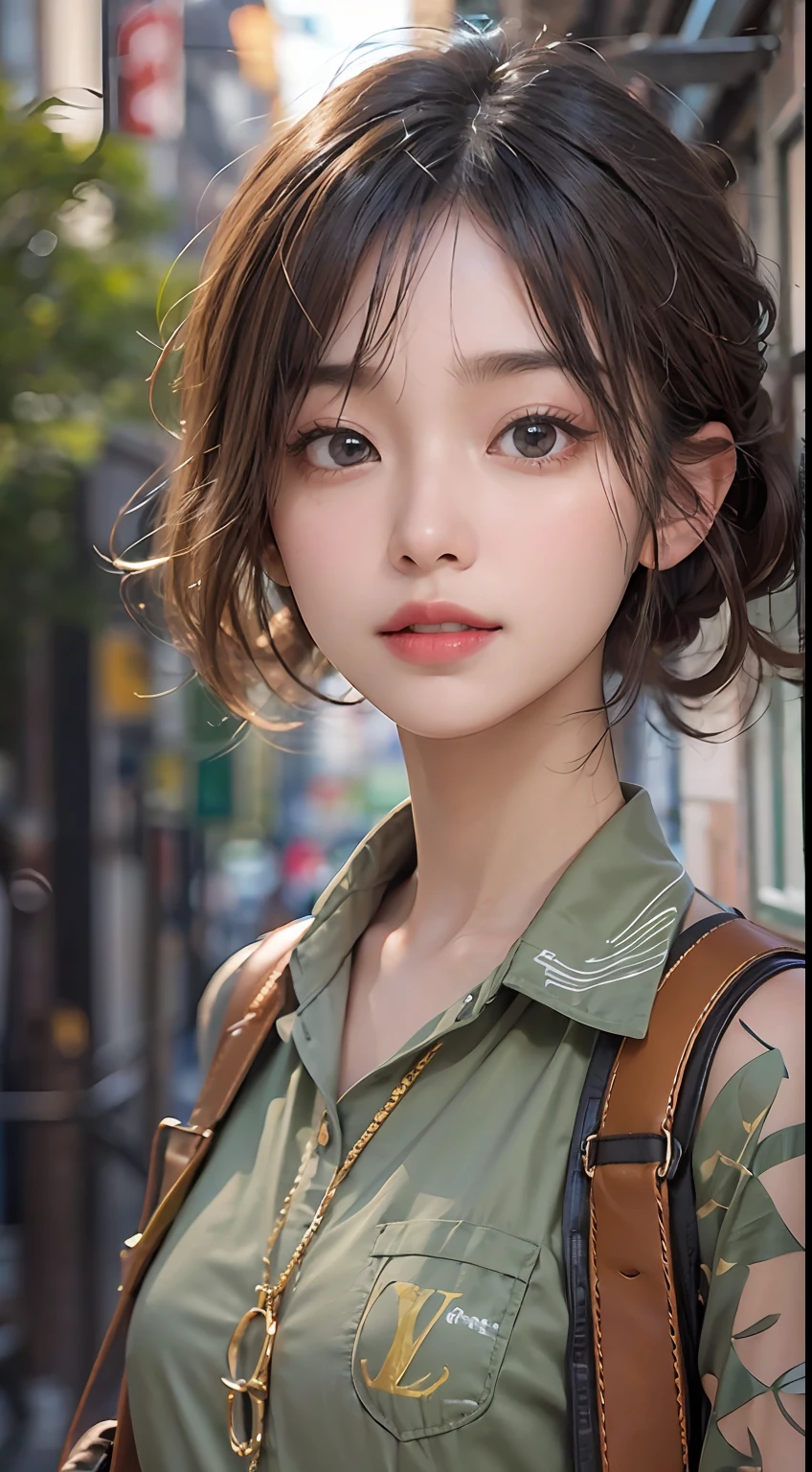 ​masterpiece、1 beautiful girl、A detailed eye、Puffy eyes、top-quality, 超A high resolution, (Realisticity: 1.4), OriginalPhotographs,cinematlic lighting、japanes、Super beauty、Beautiful skin、A slender、(A hyper-realistic)、(hight resolution)、(8K)、(ighly detailed)、(beautifully detailed eyes)、(ultra-detailliert)、（A detailed face）、looking at viewert、very smiling、Facing straight ahead、Black colored eyes、the body is facing forward、Vivid street trees、Hair color is brown、short-cut、Japanese high school  girl、The background is a group of urban buildings、The costume is a green T-shirt and a black sleeveless dress、I have a Louis Vuitton bag、