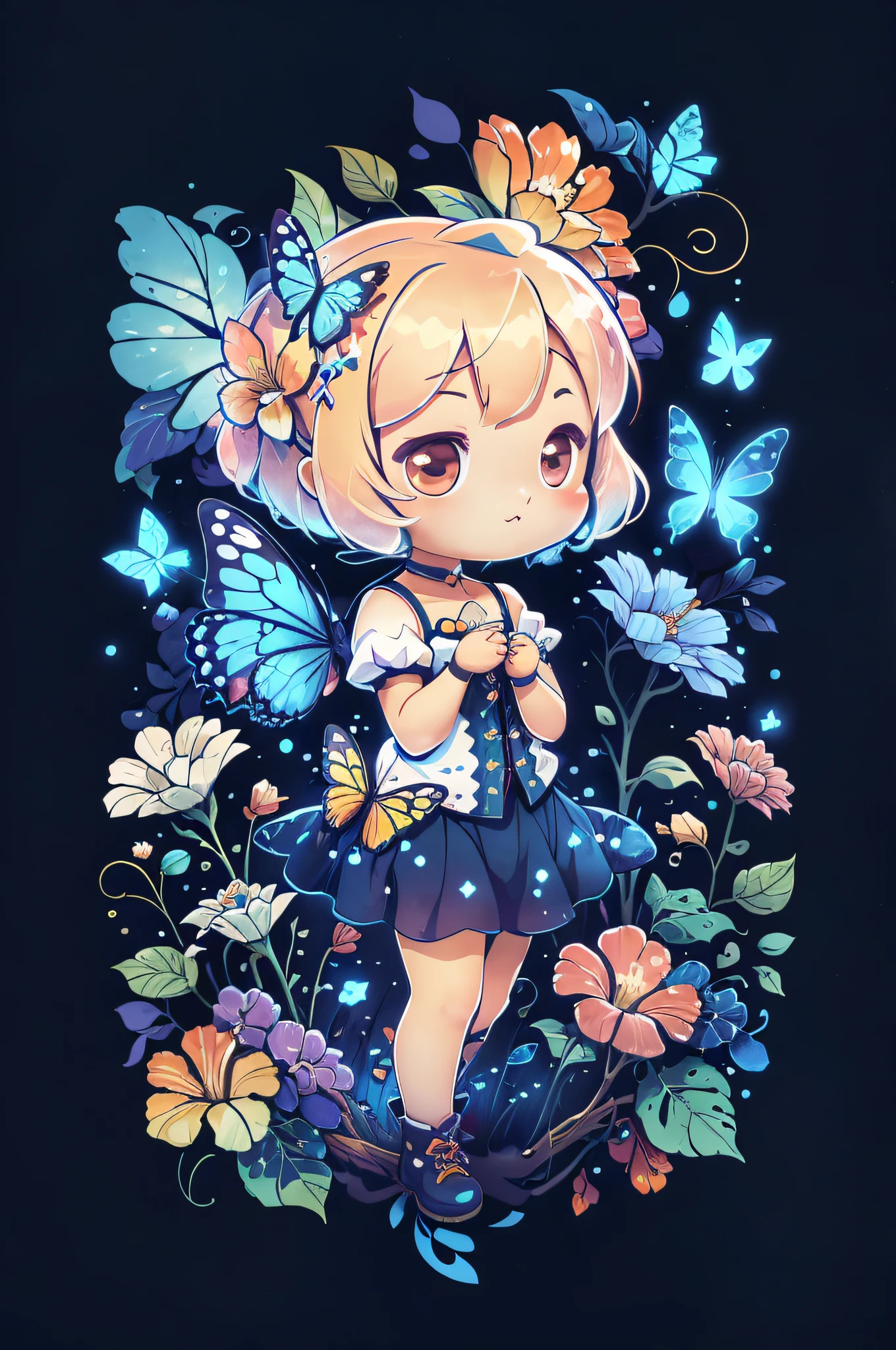 süß00d,  Schmetterlinge, Chibi-Mädchen, Blume, blaues Thema,