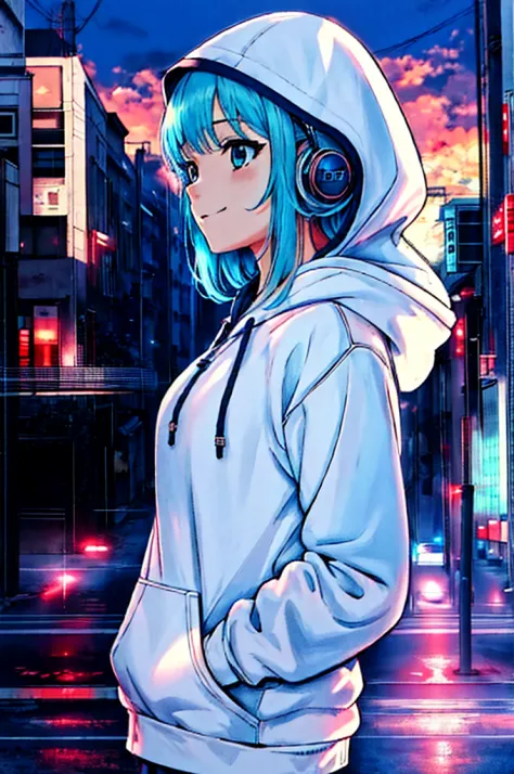 anime girl in hoodie standing in front of a city street, garota de anime cyberpunk com capuz, estilo anime 4k, estilo anime. 8k,...