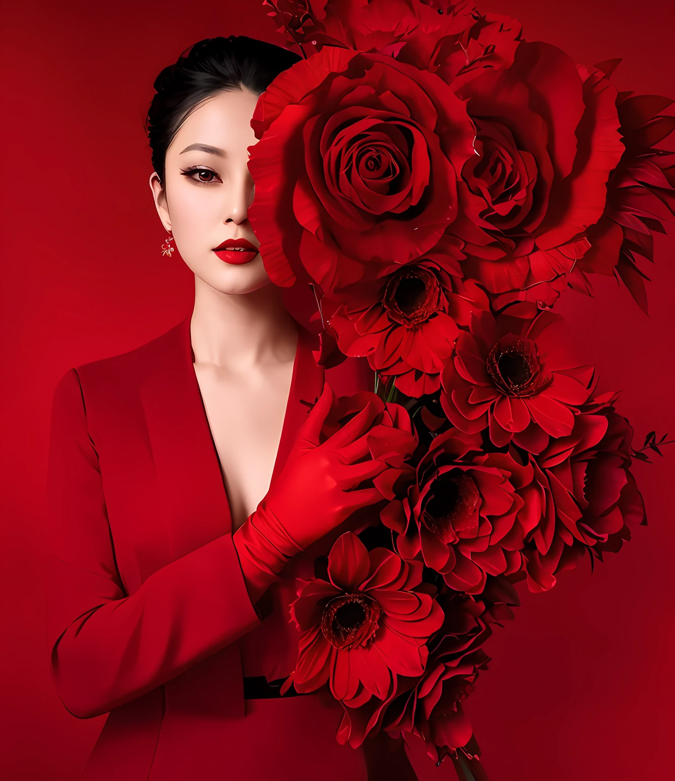 There was a woman in a red suit holding a bouquet of flowers, Zhang Jingna, rich red colors, All red, fine art fashion photography, vibrant red colors, red adornments, shades of red, Red roses, red colour, xue han, Red accents, Red clothes, Very red, Red tones, celestial red flowers vibe, wearing red