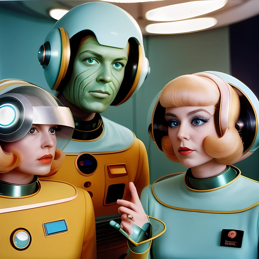 There are two women and a robot man in spacesuits with helmets, Retro Sci - Imagem de FI, 1 9 6 0's sci - fi, retro science fiction film, 5 0's vintage sci - estilo fi, 1 9 5 0 Futuristas, vintage sci-fi, Sci Vintage - Fi, Retro Sci - Science fiction film, retro science fiction, Sci Retro - Fi