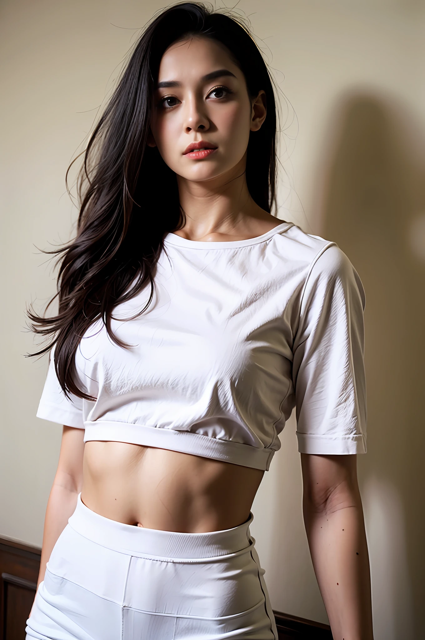 Realistic, high resolution, 1 girl, white wavy hair, Korean, heterochrome eyes, small moles under the eyes, loose white shirt, yoga pants, big breasts, long legs, tight abs, camel toes, sexually bit her lip