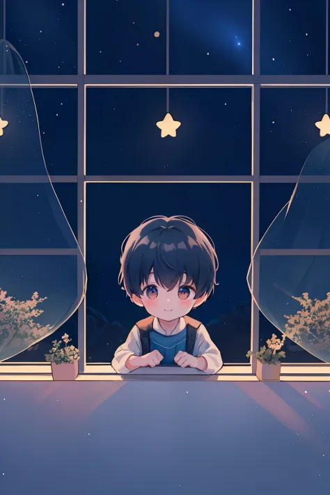 in a dark children's room a happy five-year-old boy looks out the window at the night sky outside, (8k illustration), (best qual...